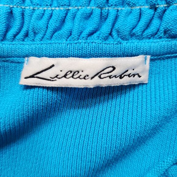 Vintage Lilli Rubin Top Womens S Blue Off Shoulder Smocked Stretch Knit Coquette - Picture 3 of 9
